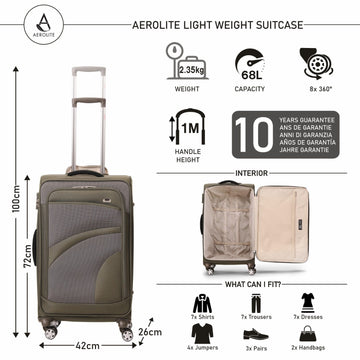 Aerolite 26" Super Lightweight Soft Shell Medium Checked In Hold Luggage Suitcase with 8 Wheels, 67L Capacity - Midnight Fern